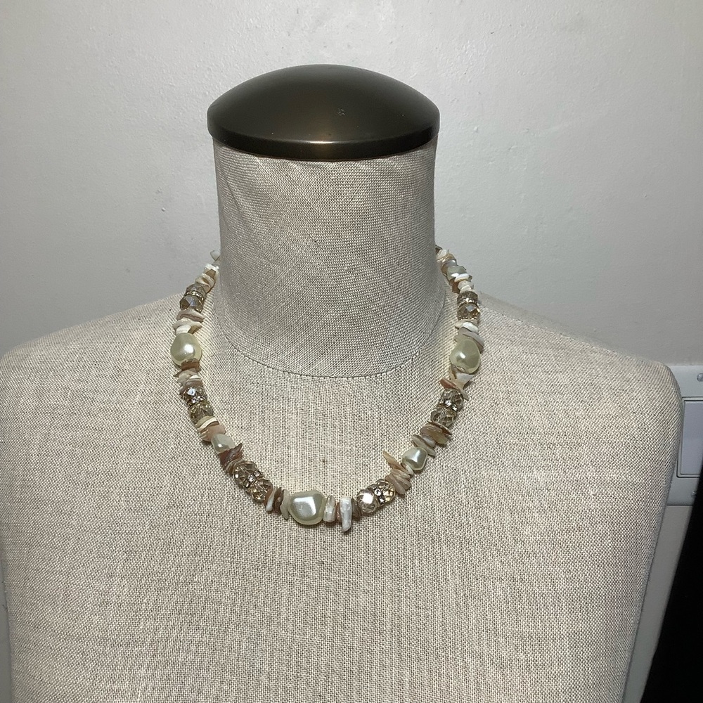 Vintage Pearl, Shell, Bead, and Crystal Necklace, Adj Approx 17-20” - Picture 9 of 12